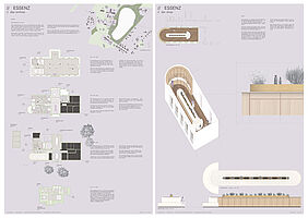 Entwurf Catharina Rogalla, Plan 01 & 02 Konzept "Essenz" - Herstellung ätherischer Öle mit Verkaufsraum und -möbel